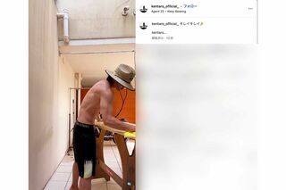 上半身裸で、愛用品らしきサーフボードを丁寧に手入れする短い動画を公開した伊藤健太郎（本人のインスタグラムより）