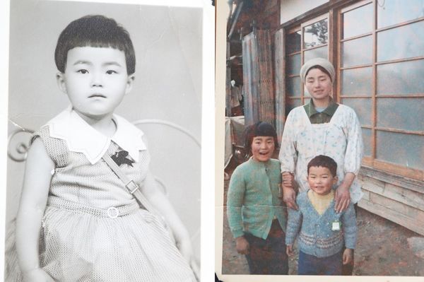 【右】弟、母と。まじめで控えめな母は内職やパートをしていた【左】3歳の菅原さん