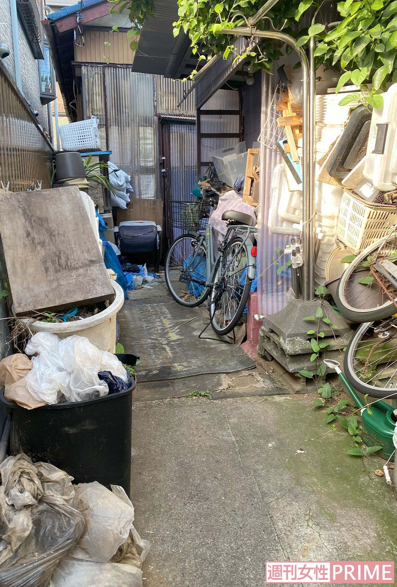 千葉市花見川区で母子が2人で住んでいた家の敷地内は車輪やバケツ、袋が山積みにされていた