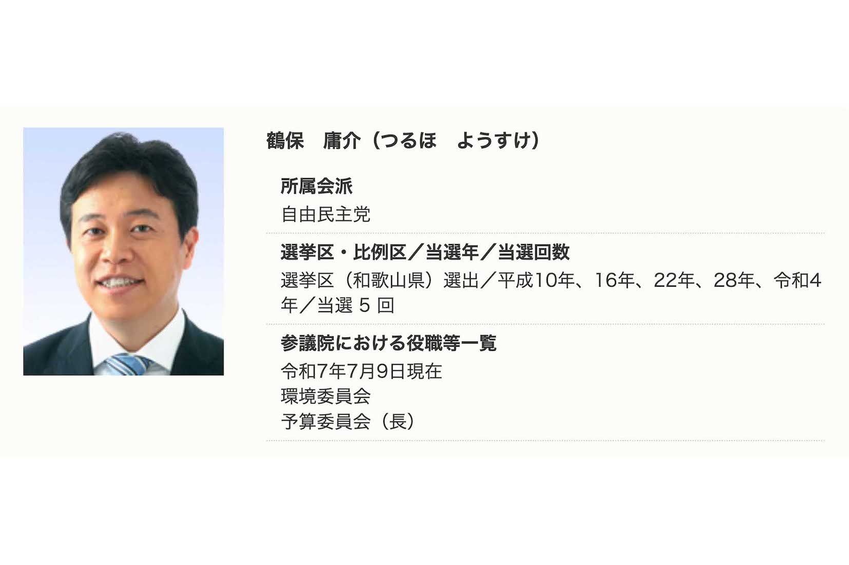 鶴保庸介議員のプロフィール（参議院の公式サイトより）