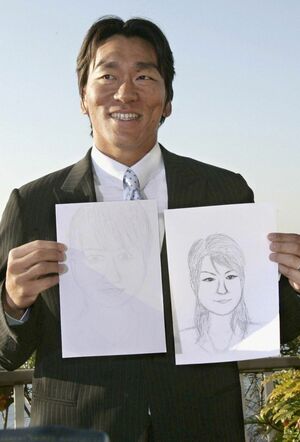 2008年の結婚発表時、松井が書いた奥さんの似顔絵（左）。右の似顔絵は松井の実兄が書いた