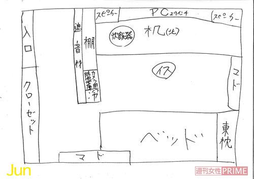Jun部屋の間取り図（本人直筆）