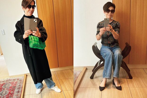 よく歩く日は足元に「オニツカタイガー」を（左）、「ジュンコシマダ」のトップスできれいめに♪（右）