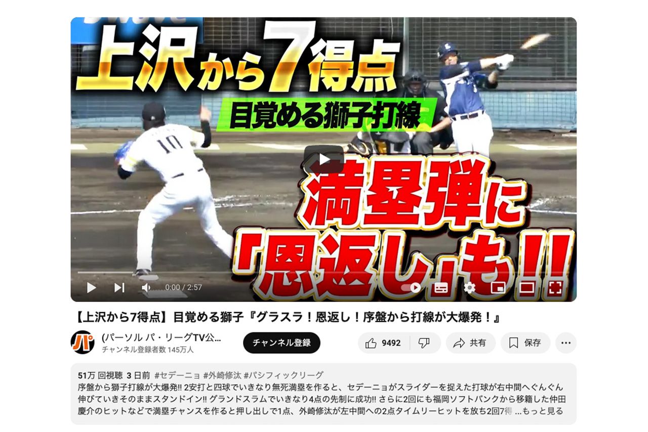上沢直之が登板した、3月1日のオープン戦の動画を投稿した『パ・リーグTV』公式YouTube