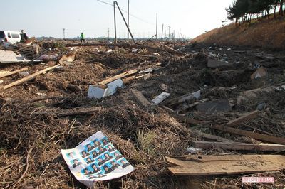仙台市若林区荒浜、卒業アルバムらしきページが風にはためいていた（2011年3月13日）