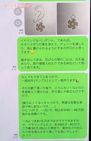 ジュエリーデザイナー・宮澤紀充氏がピアスについて、佐々木希に詳細を説明するLINE。本来なら80万円ほどの価格を30万円値引きする旨も記されている