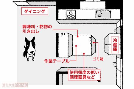 使用頻度に分けてモノを配置。詰め込みすぎないことが大切　間取りイラスト／小島サエキチ