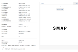 2025年5月で権利満了となる『SMAP』の商標 登録（特許情報プラットフォームより）