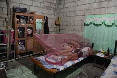 シングルベットに蚊帳をかけ、子どもらと寝る吉岡さん