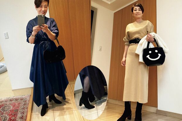 「アジョリー」のバッグで抜け感をプラス（右）、「スポーツマックス」のワンピと「H＆M」のバッグで展示会へ（左）