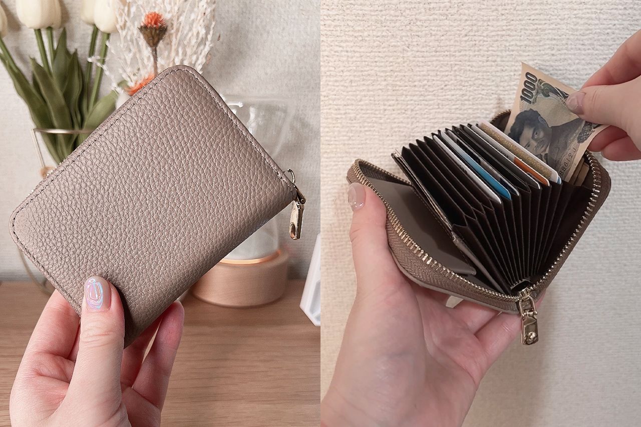 カードホルダーがメインで小銭を入れる場所もあるミニ財布は、2年前から愛用。入れているのは、クレジットカード、キャッシュカード、健康保険証、マイナンバーカード、通院中の病院の診察券、必要最低限のお札のみ