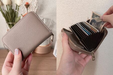 カードホルダーがメインで小銭を入れる場所もあるミニ財布は、2年前から愛用。入れているのは、クレジットカード、キャッシュカード、健康保険証、マイナンバーカード、通院中の病院の診察券、必要最低限のお札のみ