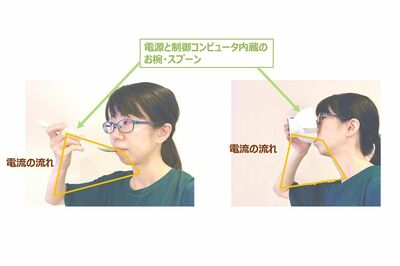 スプーンは持ち手部分に、お椀は底面に電極があり、食品を通して舌との間で電流が循環する。回路ができている間は味の変化が感じられ、回路が遮断されると味は元に戻る