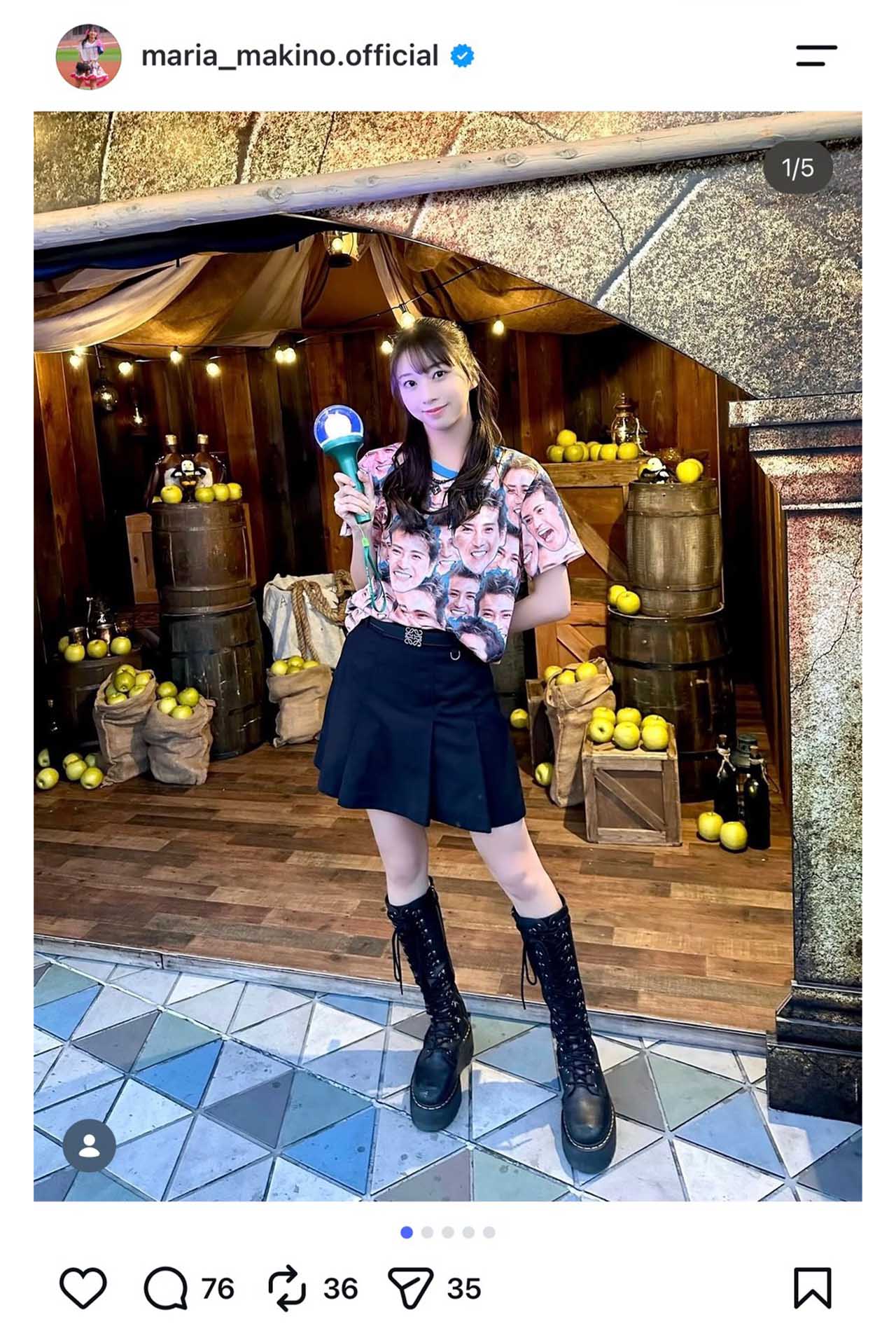 新庄の顔だらけTシャツを着用して『Mrs. GREEN APPLE』のライブに行った『元モー娘。』の牧野真莉愛（本人のインスタグラムより）