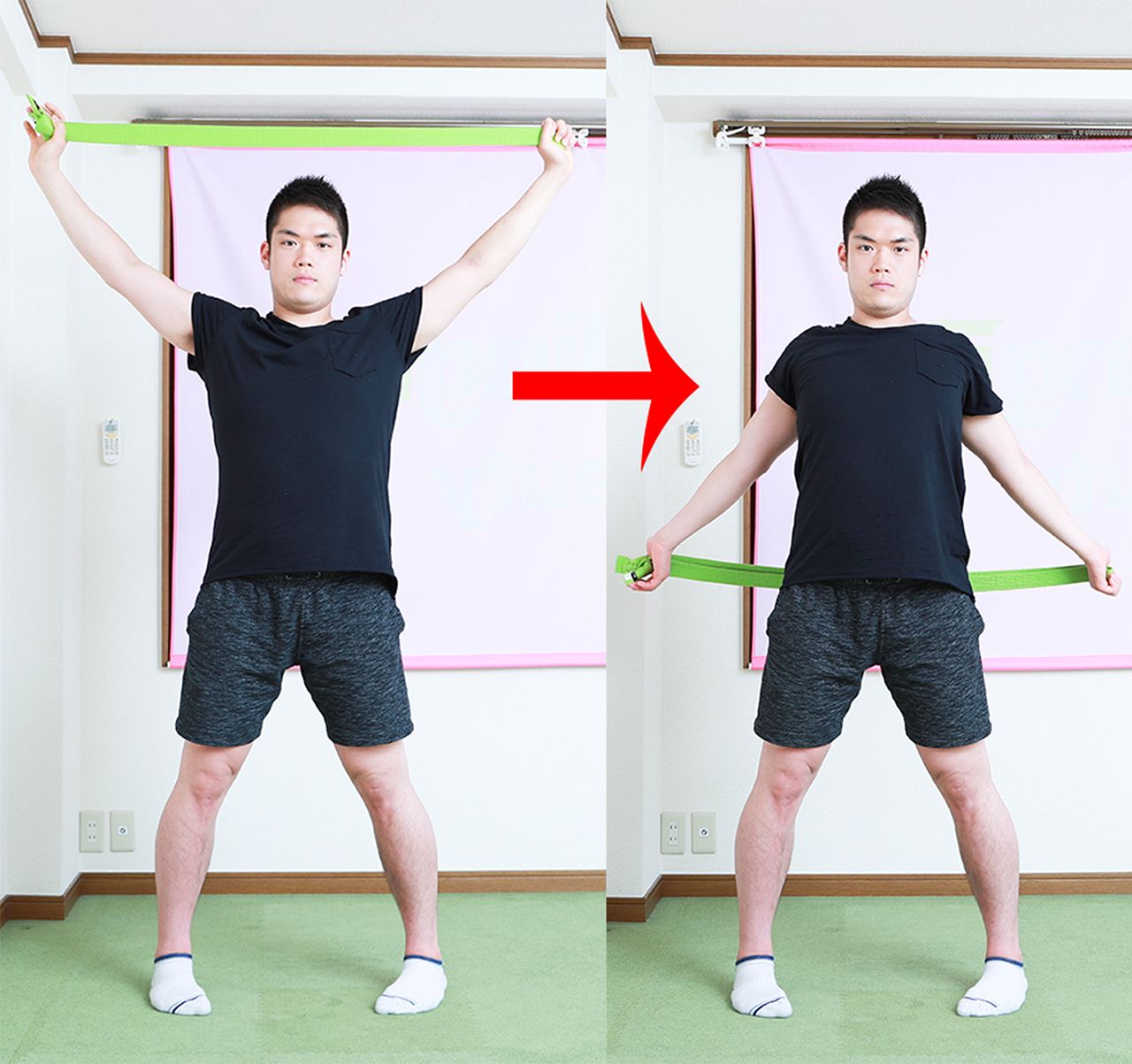 肩甲骨・二の腕に効く【1】つま先重心で、タオルやひもをピンと張り両腕を上げる。内股にして立つと体幹を意識できてGOOD！【2】そのまま両腕を後ろに回す。腰ぐらいの位置にきたら、前に戻す。肩甲骨がほぐれて肩こりの解消になるだけでなく、二の腕のたるみにも効果的。