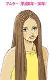 メイク=細眉、日焼け肌、ベージュ系リップ ヘア=茶髪、シャギーカット、ロングヘア 憧れの人=安室奈美恵 好きな物=厚底 口ぐせ=チョベリバ(イラスト/久井めぐみ)