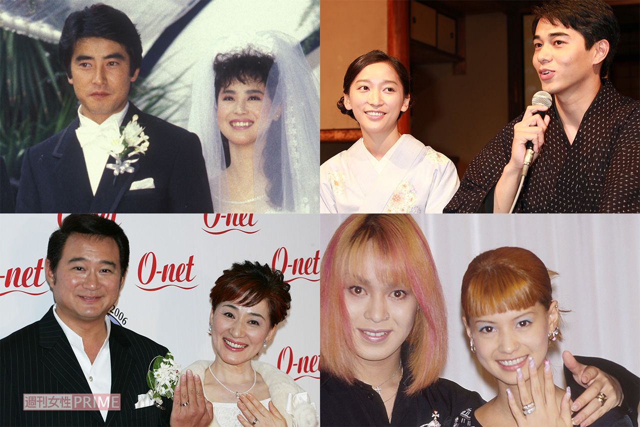 左上から時計回りに神田正輝と松田聖子、杏と東出昌大、IZAMと吉川ひなの、船越英一郎と松居一代