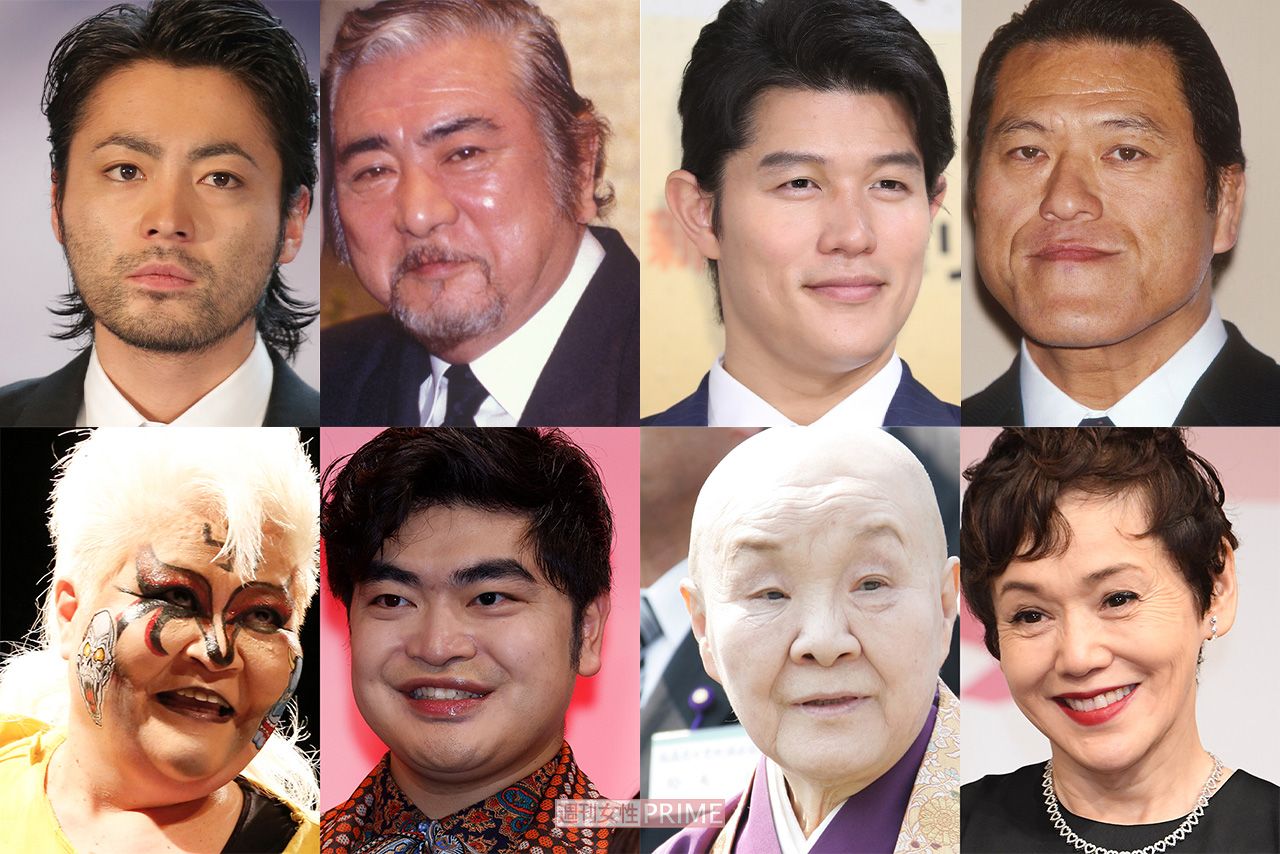 左上から時計回りに山田孝之と勝新太郎、鈴木亮平とアントニオ猪木、瀬戸内寂聴と大竹しのぶ、ダンプ松本と加藤諒