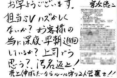 お客さまアンケートハガキに苦情があると必ず、厳しい指導をした