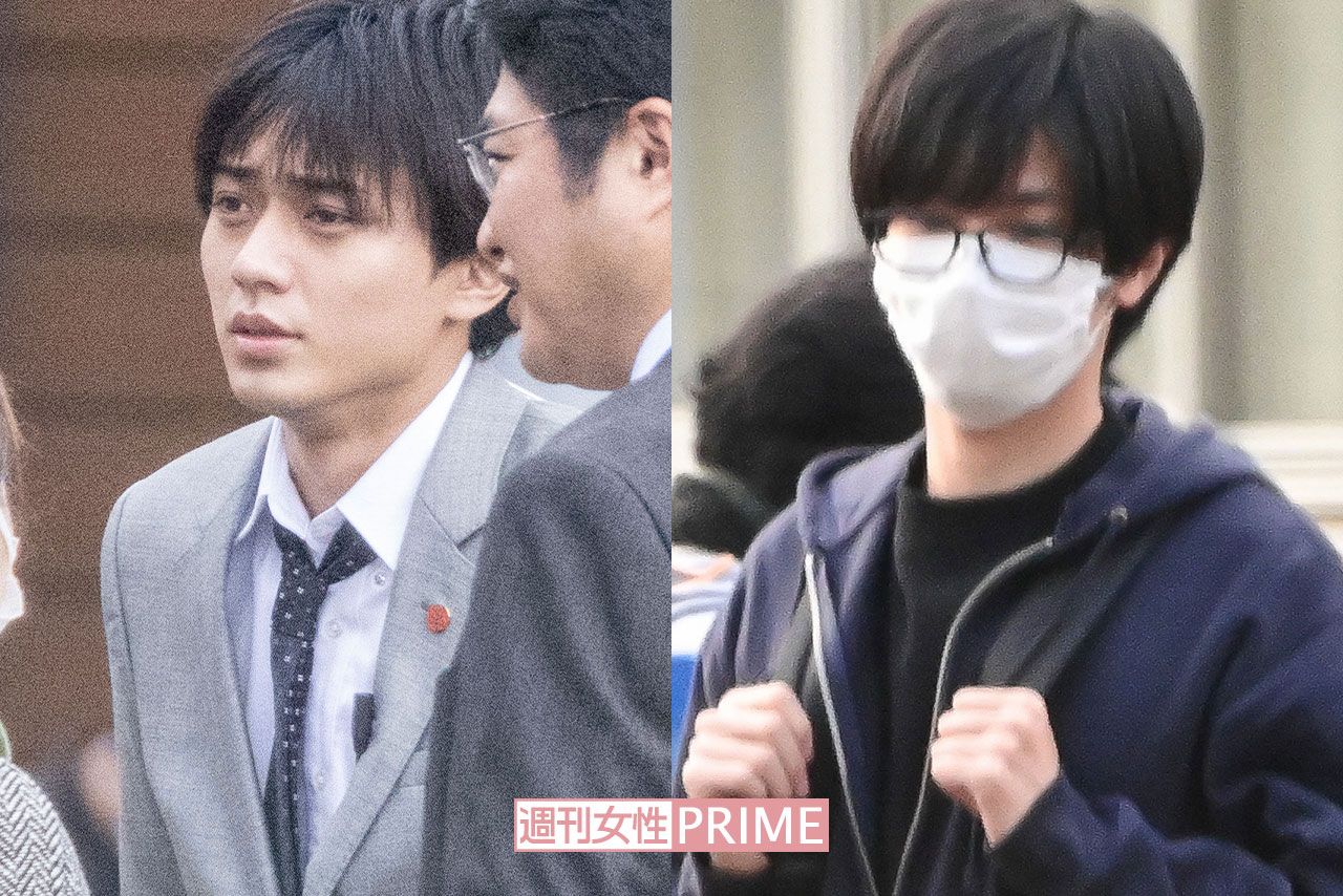 4月上旬『ラストマン』の撮影中の永瀬廉（左）と'21年『准教授・高槻彰良の推察』の撮影合間の神宮寺勇太