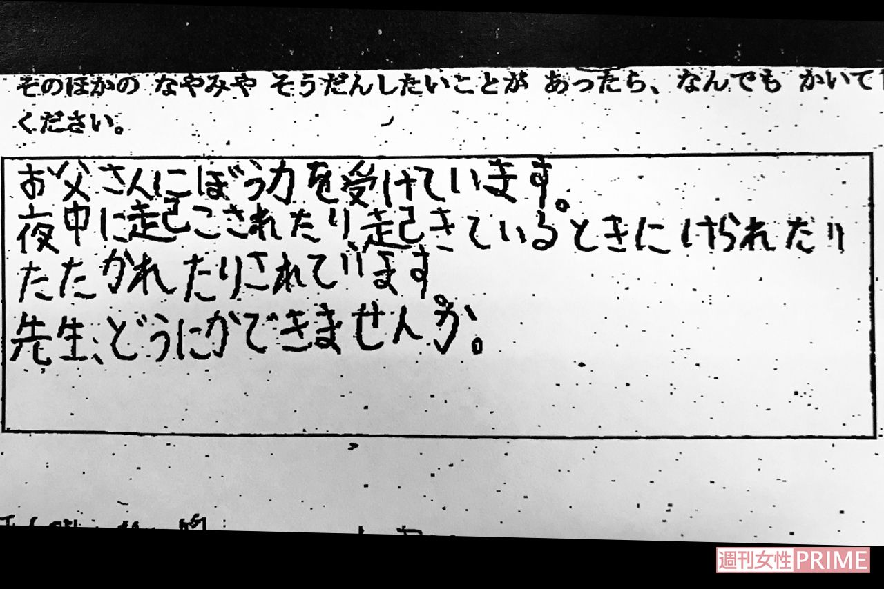 父親からの虐待を訴えたアンケートの写し（野田市教委提供）