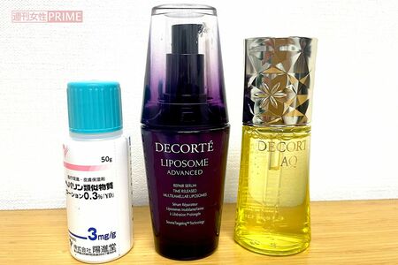 長年、コーセーの化粧品一筋。「コスメデコルテは母が大谷翔平さんのCMを見て“ぜったい買う”って（笑）」。左端は病院処方の保湿剤だ　撮影／天童よしみさん