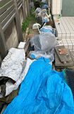 自宅裏に枯れ草やビニール袋、スコップなどが乱雑に放置されていた